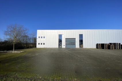 Außenansicht einer modernen Gewerbehalle mit großer befestigter Hoffläche zur Vermietung